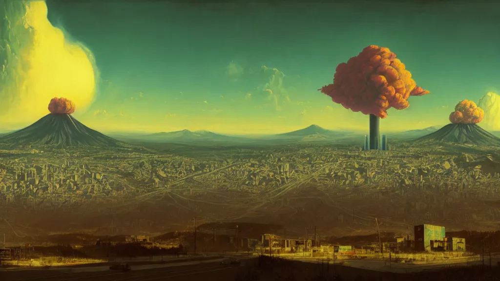 Image similar to Nuclear Fallout towering over the town of Quito by Simon Stålenhag and J.M.W. Turner, oil on canvas; Art Direction by Adam Adamowicz; 4K, 8K epic drone shots; Ultra-Realistic Depth Shading