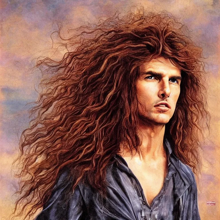 Prompt: Pre-Raphaelite portrait of Tom Cruise as the leader of a cult 1980s heavy metal band, with very long blond hair and grey eyes, epic hair, high saturation