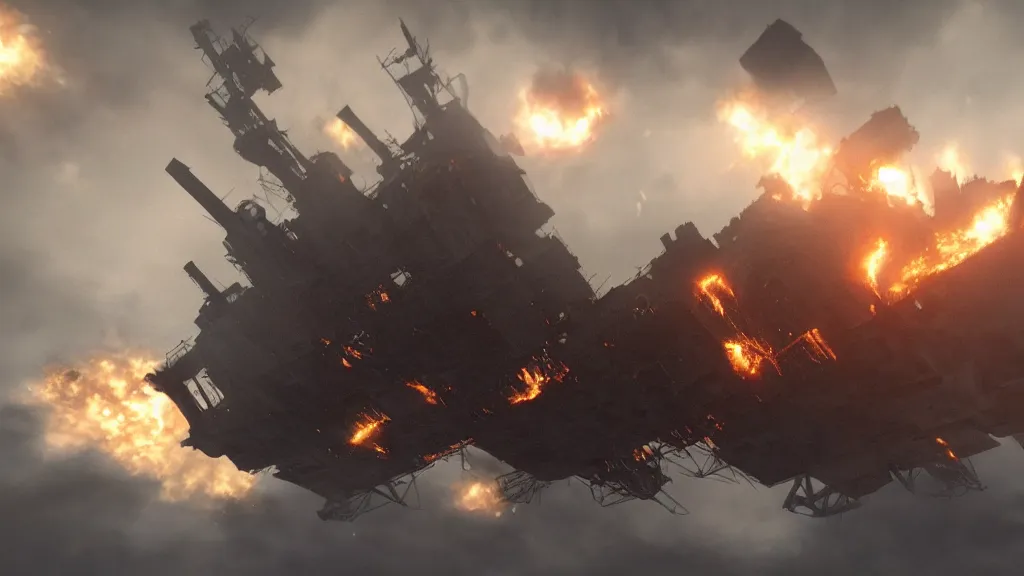 Image similar to an immense steampunk aircraft carrier crashed and burning in a field, thick black smoke billowing, turbulent storm clouds, dystopian, sharp focus, octane render, imax