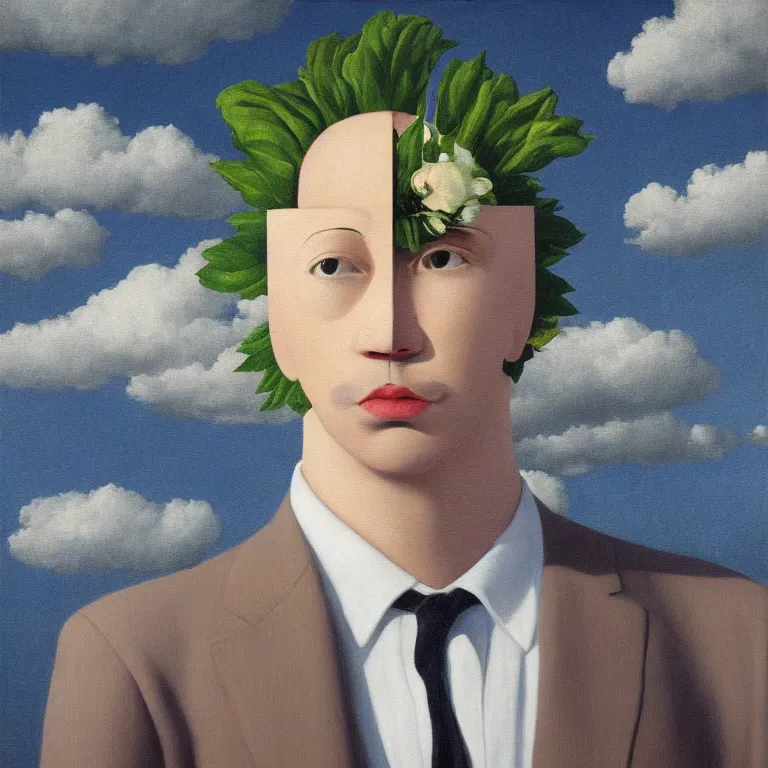 Image similar to portrait of a faceless beautiful flower - head man in a suit, clouds in the background, by rene magritte, detailed painting, distance, middle centered, hd, hq, high resolution, high detail, 4 k, 8 k