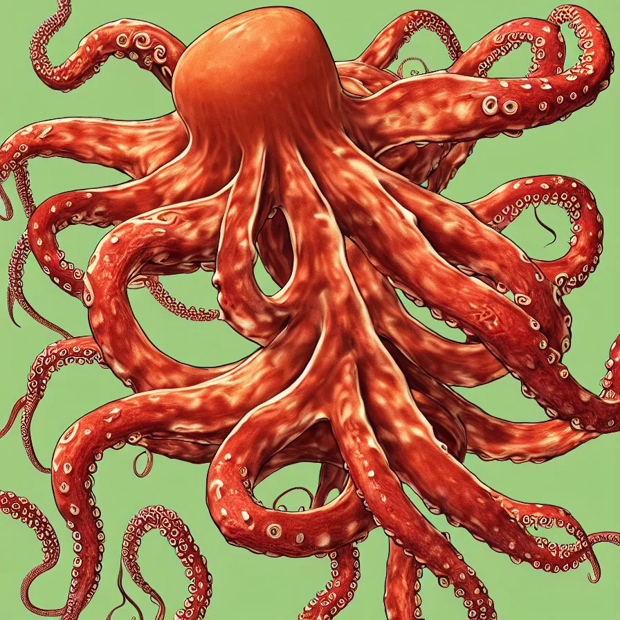 Image similar to ultra detailed anatomy textbook illustration of a giant octopus holding many burgers, tentacles wrapped around burgers, artstation, 8 k