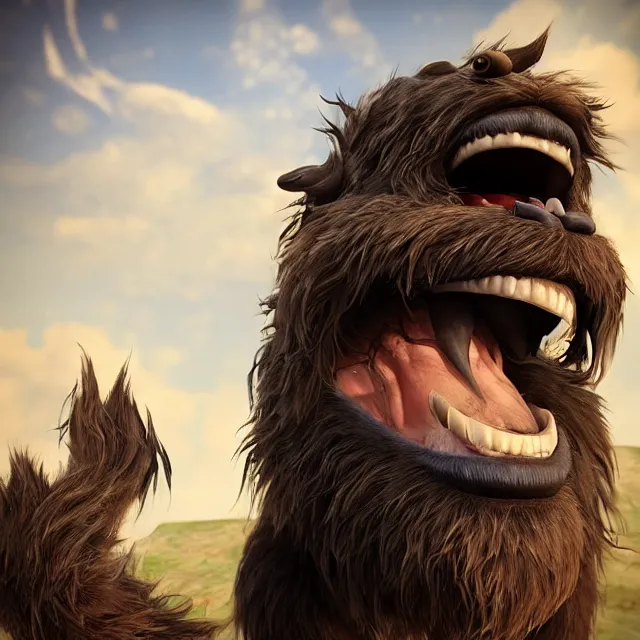 Image similar to perfectly centered portrait, happy hairy monster laughing, candid photography, by anne stokes, highly detailed, unreal engine 5