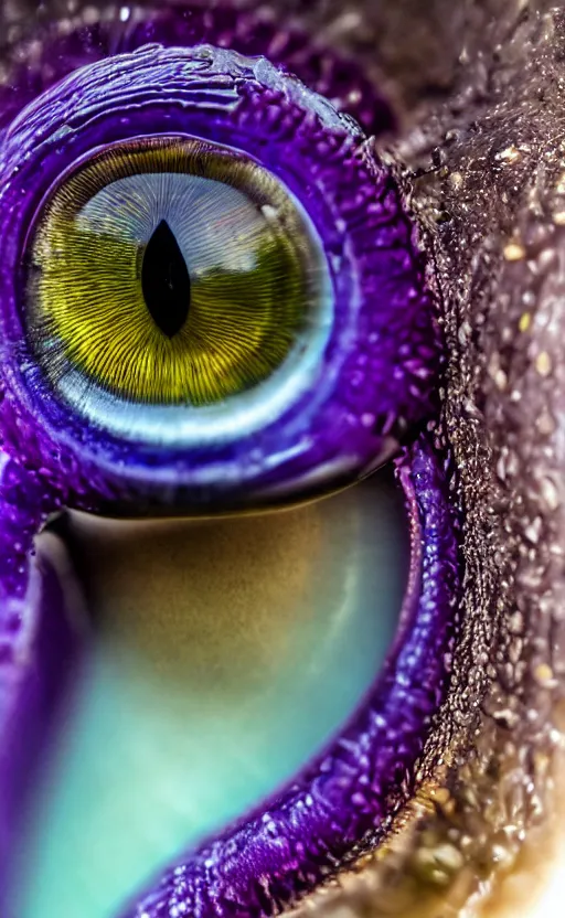 Image similar to macro shot, close-up of a purple squid eye, intricate iris, ultrarealistic, highly detailed