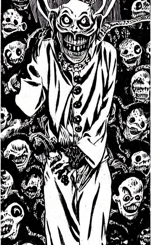 Prompt: full body portrait of villainous jester, dark, twisted, manga, comic, by junji ito. twisted. horror.