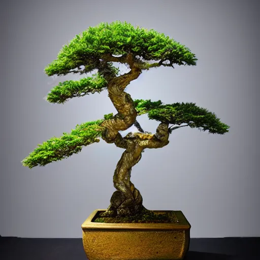 Image similar to hyperrealistic sculpture of a fossilized bronze bonsai tree, hyperrealistic dramatic colored lighting trending on artstation 8 k