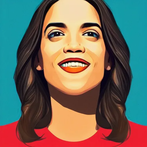 Image similar to smiling, happy, beautiful, intelligent, powerful alexandria ocasio - cortez, loving eyes, fully clothed, wise, beautiful, dramatic lighting, sharp focus, art deco patterns by stanley artgerm, retro futurism, dramatic lighting, trending on artstation, flat colour, geometric curves, gradient filter