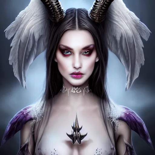 Prompt: perfectly - centered close - up face - portrait of evil fallen angel with long horns wearing a dress, the perfect human female specimen, intricate, elegant, super highly detailed, professional digital painting, artstation, concept art, smooth, sharp focus, no blur, no dof, extreme illustration, unreal engine 5, 8 k, by anne stokes