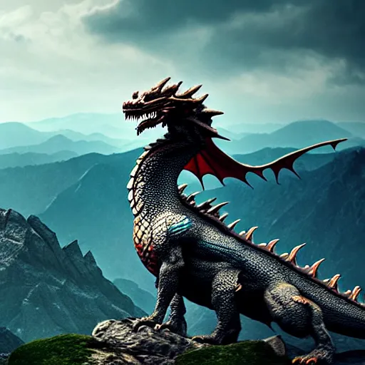 Image similar to giant dragon standing on a mountain, highly detailed, 4 k, hdr, award - winning, directed by zack snyder