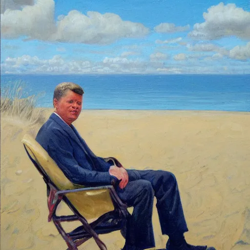 Image similar to portrait of john f kennedy, wrinkled, grey hair, handsome, hawaiian shirt, sitting in chair, landscape of nantucket beach, dunes, ocean, bluff, oil on canvas by william sidney mount - 1 9 8 2, trending on artstation