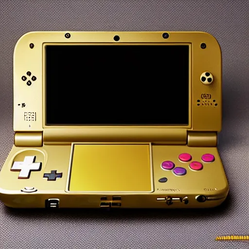 Image similar to a hyper, coherent photoshoot of a golden nintendo 3 ds system