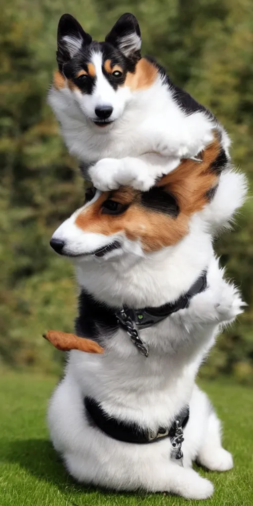Image similar to corgi weaкing saddle, cute fluffy tuxedo cat riding on the top of him, realistic photo