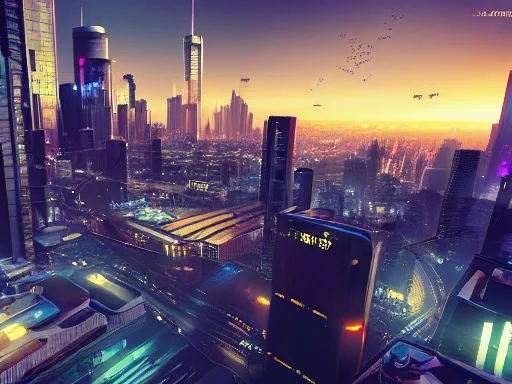 Image similar to a cinematic busy cyberpunk street in a mega city packed with flying vehicles, large mega corp buildings dominate the skyline at dusk by nick hiatt, unreal engine trending on artstation