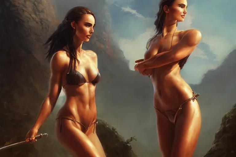 Image similar to A beautiful oil painting of pretty Nathalie Portman in bikini, by Lucas Graciano, Frank Frazetta, Greg Rutkowski, Boris Vallejo, epic, fantasy, character art, high fantasy