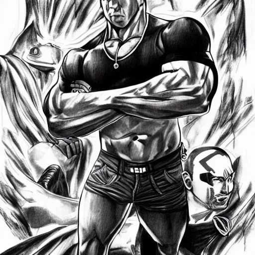 Prompt: Black and white drawing of Vin Diesel walking like a Italian model in JoJo style, highly detailed, sharp focus, anime, ArtStation, art by Hirohiko Araki