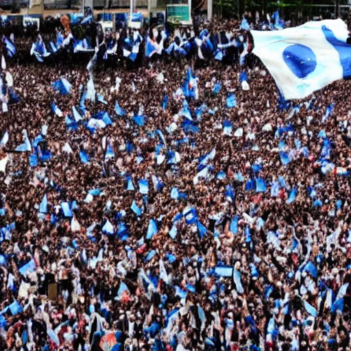 Image similar to Lady Gaga as president, Argentina presidential rally, Argentine flags behind, bokeh, detailed face, Argentina