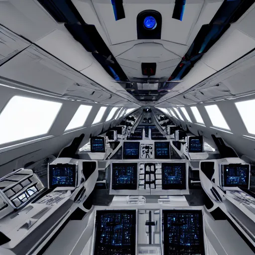 Image similar to flight deck inside a sci-fi spaceship escape pod that is haunted. clean white interior, large window to view outer space, raytraced, highly detailed, z-brush, corona render, 4k