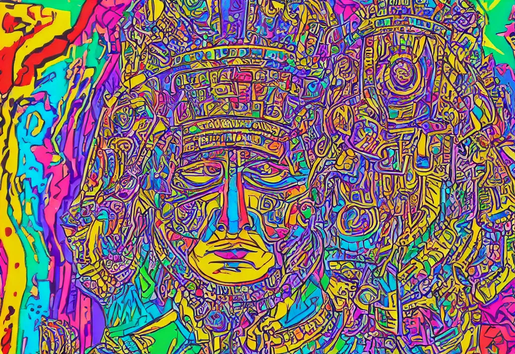 Image similar to a minimalised but overdetailed amd ornated vivid and colorful geometric-pattern filled portrait of a mayan emperor. In Comic, graffity style design by Chris Dyer aka chrisdyerpositivecreations. Charachter Inspired by legendary can2 aka cantwo, köpak and salviadroid. Color palette inspired by streetartist fatheat.