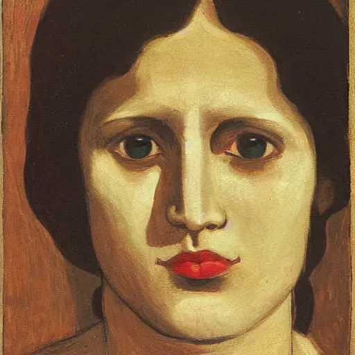 Prompt: A beautiful print. She looks up at me, up and down. She has short-cropped hair, and a scar on her left cheekbone: just a line of black against her deep tan, precise and geometrical. Her eyes are pale green. by Paula Modersohn-Becker swirling, composed