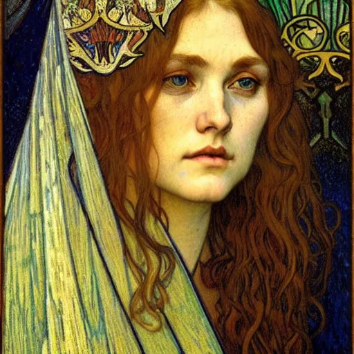 Image similar to detailed realistic beautiful young medieval queen face portrait by jean delville, alphonse mucha, vincent van gogh, and marco mazzoni, art nouveau, symbolist, visionary, gothic, pre - raphaelite