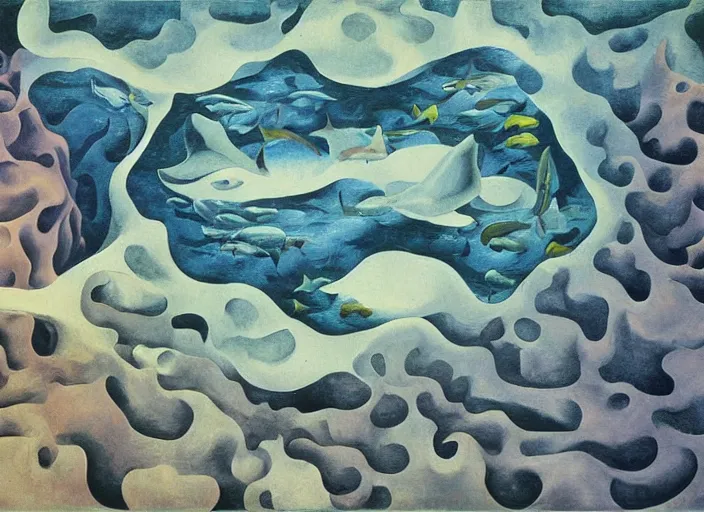 Prompt: an underwater landscape painted by georgia o'keeffe, mc escher, gordon onslow ford and ippolito caffi,