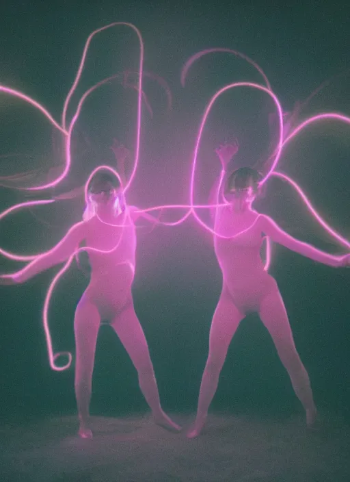 Image similar to symmetrical females ascending astral projection, strong glowing aura, motion blur, long exposure, film grain, cinematic lighting, experimental film, shot on 1 6 mm