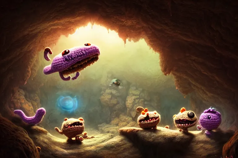 Prompt: an expedition of crochet cute monsters discovering a new cave underground. cute, illustration, digital art, inspired by little big planet, by greg rutkowski, detailed, sharp, masterpiece, highly detailed, photorealistic, octane render, 8 k, unreal engine 5, trending on artstation, vivid colors