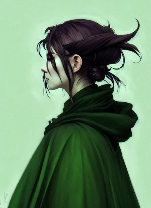 Image similar to side portrait dark witch with hood, adventurer outfit large cloak, fantasy forest landscape, moonshine, fantasy magic, undercut hairstyle, short green black fade hair, dark light night, intricate, elegant, sharp focus, illustration, highly detailed, digital painting, concept art, matte, art by WLOP and Artgerm and Greg Rutkowski and Alphonse Mucha, masterpiece