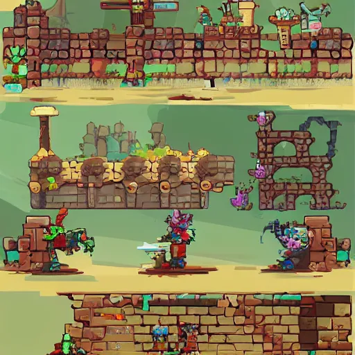 Prompt: A game assets spritesheet by Dead cells. Containing props, platforms, terrain, trees, and 2d, side view assets, side scroller, platform, vector art, very detailed