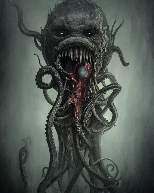 Prompt: gruesome creature with long tentacles and crazy eyes all over its body, midnight fog - mist!, dark oil painting colors, realism, cinematic lighting, various refining methods, micro macro autofocus, ultra definition, award winning photo, photograph by ghostwave - gammell - giger - shadowlord