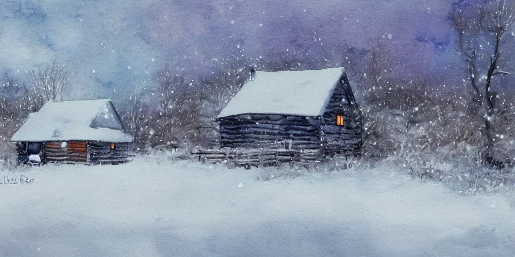 Image similar to a watercolor painting of a cabin in a snowy landscape, at dusk, painted by lars lerin, impressionism, snow storm