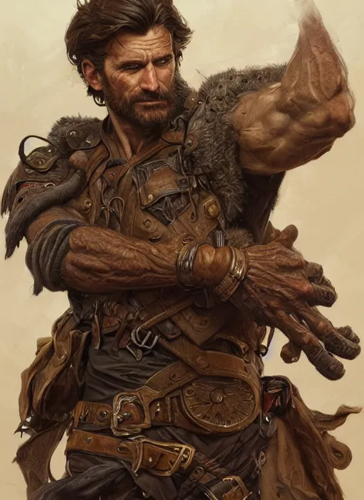 Image similar to portrait of a ruggedly handsome ranger, hands details, muscular, half body, leather, hairy, d & d, fantasy, intricate, elegant, highly detailed, digital painting, artstation, concept art, smooth, sharp focus, illustration, art by artgerm and greg rutkowski and alphonse mucha