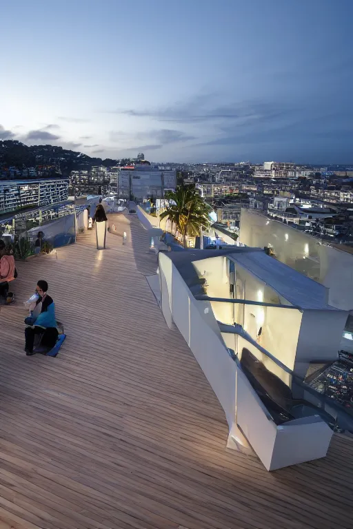 Prompt: buliding design by ricardo bofil, function is residential ， people take pohto at the roof ， dusk seaside ， photography ， 8 k