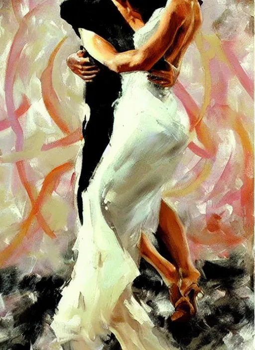 Image similar to tango dancerin in white dress, painting by phil hale, fransico goya,'action lines '!!!, graphic style, visible brushstrokes, motion blur, blurry, visible paint texture, crisp hd image