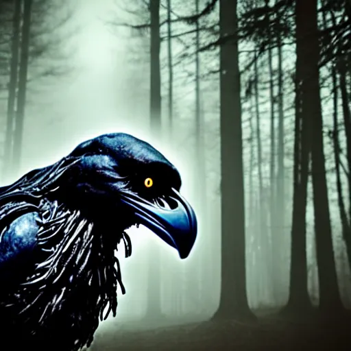 Image similar to werecreature consisting of a human and crow, photograph captured in a forest