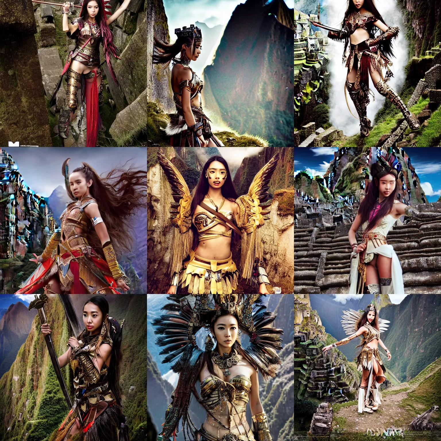 Prompt: angelababy as a warrior princess in the ruins of Machu Pichu, styling by Tom Eerebout & Sandra Amador, photo by mario testino, cinematic, hyper detailed, micro details, insanely detailed, trending on artstation, concept art