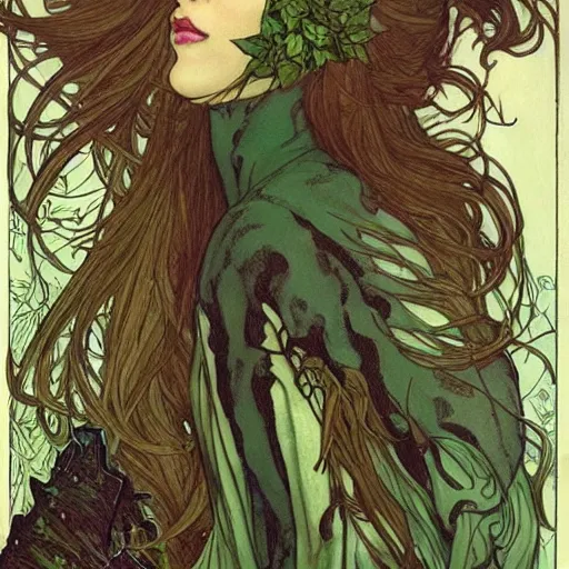 Prompt: a beautiful picture of doctor poison ivy professor of botany holding office hours, academic clothing, dark eyeliner, intricate, elegant, highly detailed, digital painting, artstation, concept art, matte, sharp focus, illustration, art by rebecca guay and by arthur rackham and by alphonse mucha and by john william waterhouse