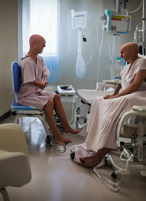 Image similar to an award winning hopeful photo of a bald 4 5 year old woman hospital patient sitting in a hospital room, wearing a hospital gown, with an iv drip, hopeful, smiles at a girl sitting on a guest chair. marketing photo by charlie waite, max rive, caroline foster.