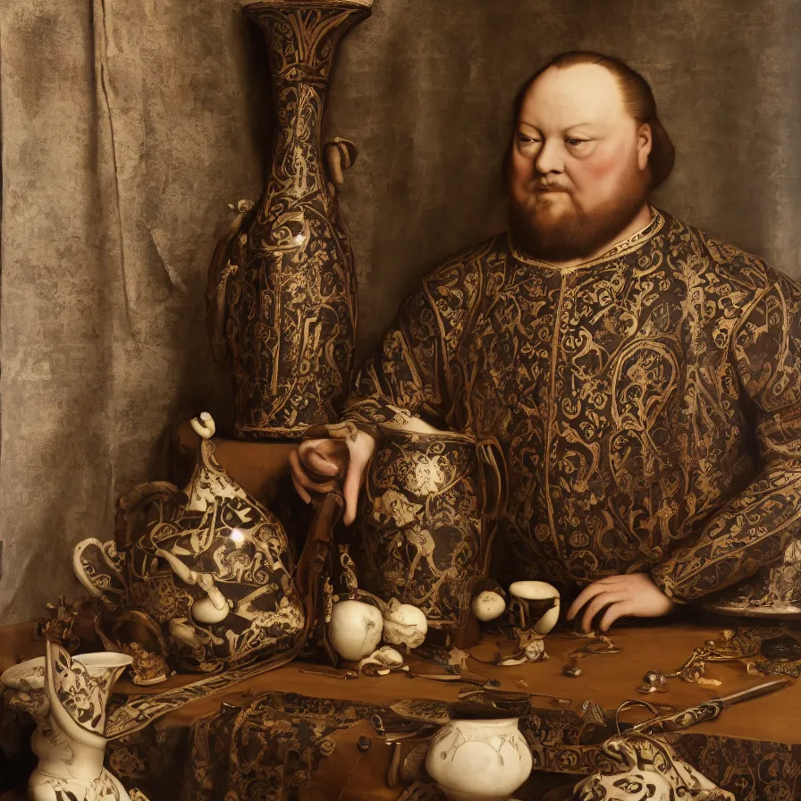 Prompt: beautiful studio photograph of a ceramics display with a portrait of henry the viii painted by hans holbein painted onto a tall angular stoneware vase with handles placed on a tablecloth on a wooden table, hyperrealism 8 k trending on artstation