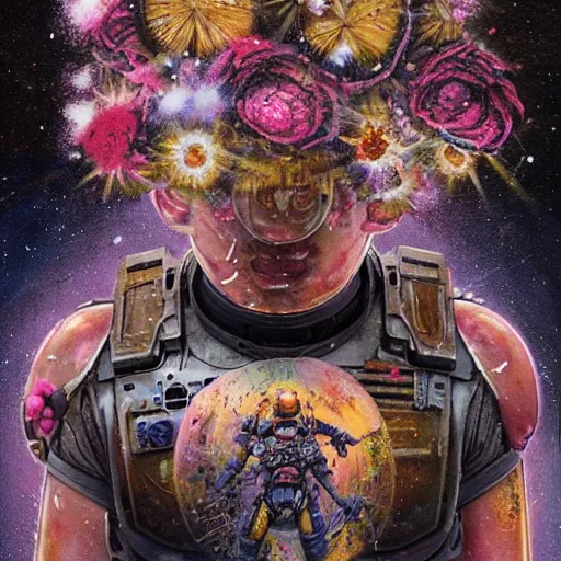 Prompt: art portrait of space marine with flowers exploding out of head, cameras, decaying ,8k,by tristan eaton,Stanley Artgermm,Tom Bagshaw,Greg Rutkowski,Carne Griffiths, Ayami Kojima, Beksinski, Giger,trending on DeviantArt,face enhance,hyper detailed,minimalist,cybernetic, android, blade runner,full of colour,