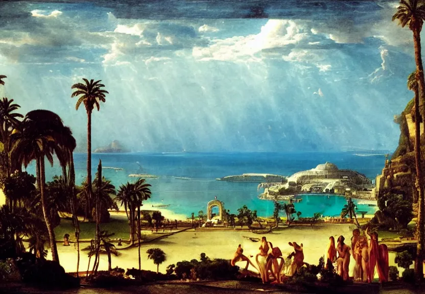 Image similar to The highest coliseum ever made, 1km tall, thunderstorm, greek pool, beach and palm trees on the background major arcana sky, by paul delaroche, hyperrealistic 4k uhd, award-winning very detailed