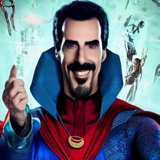 Image similar to “borat as dr strange, poster, highly detailed, dynamic poster, marvel, sci-fi, super heroes, concept art, borat, Sacha Baron Cohen”