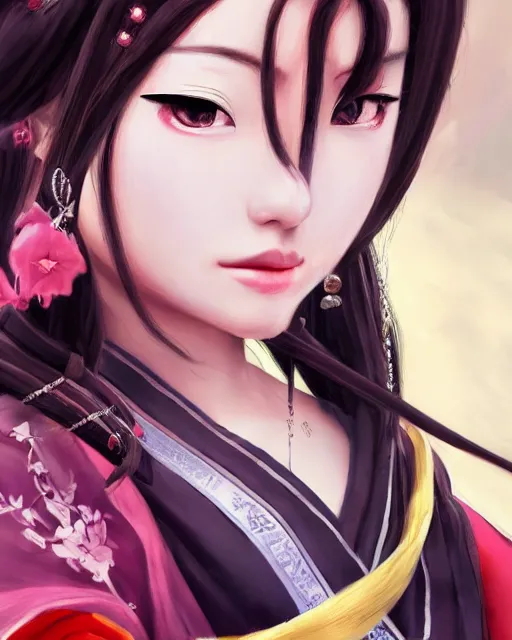 Image similar to beautiful portrait of oichi , sana from twice in sengoku basara in the paintetly style of WLOP, artgerm, brush stroke oil painting, dynamic lighting, imagine fx, artstation