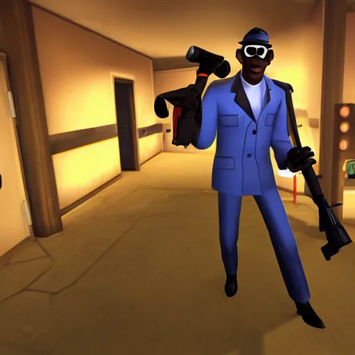 Image similar to TF2 Spy sneaking into a nightclub disguised as scout