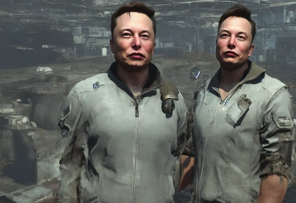 Image similar to elon musk in the video game in fallout 4, apocalyptic wastland, close up, 3 d rendering. unreal engine. amazing likeness. very detailed.