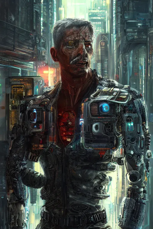 Image similar to illustration of an male cyberpunk character wearing bionic implants, criminal mugshot, gritty, gritty, highly detailed, oil on canvas, soft lighting, pastel colors, by WLOP and Greg Staples, HD, 4K