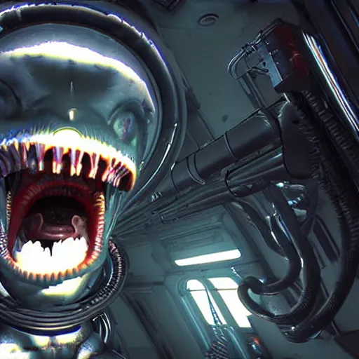 Image similar to Alien Isolation VR mod, horrifying xenomorph jumpscare RTX 4K