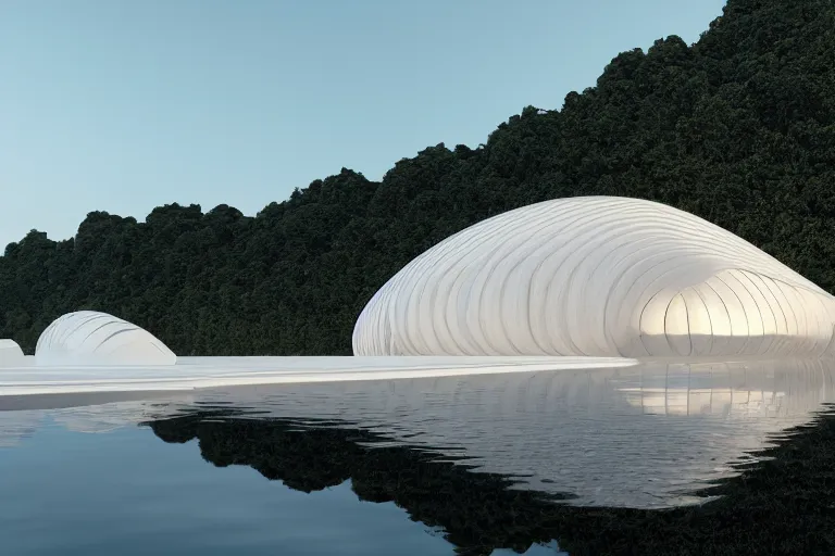 Image similar to a white foam shaped building on the calm lake, human perspective, future, interior wood, marble, award winning, highly detailed 4 k art, dusk, unreal engine highly rendered, global illumination, radial light, internal environment by kazuyo sejima and national aquatics center