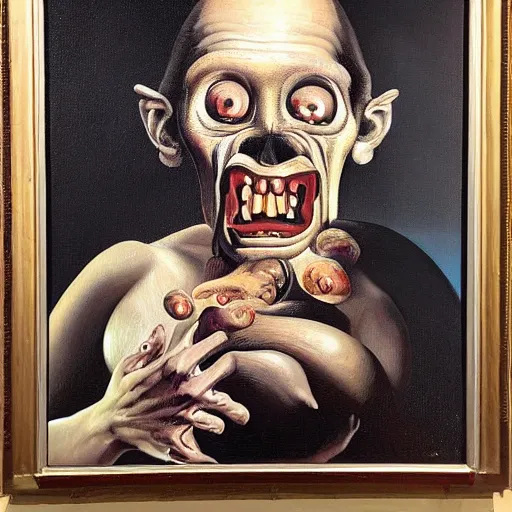 Prompt: oil painting with black background by christian rex van dali todd schorr of a chiaroscuro portrait of an extremely bizarre disturbing mutated man with acne intense chiaroscuro obscuring features lighting perfect composition masterpiece