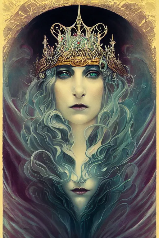 Image similar to jeweled Crown, other worldly, cruel and dark, art nouveau, by Anato Finnstark, Tom Bagshaw, Brom