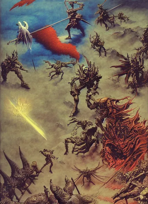 Image similar to battle between good and evil , battle between angels and demons, psx game graphics , painting by Beksinski and Moebius and Takato Yamamoto, high resolution, ultra detailed